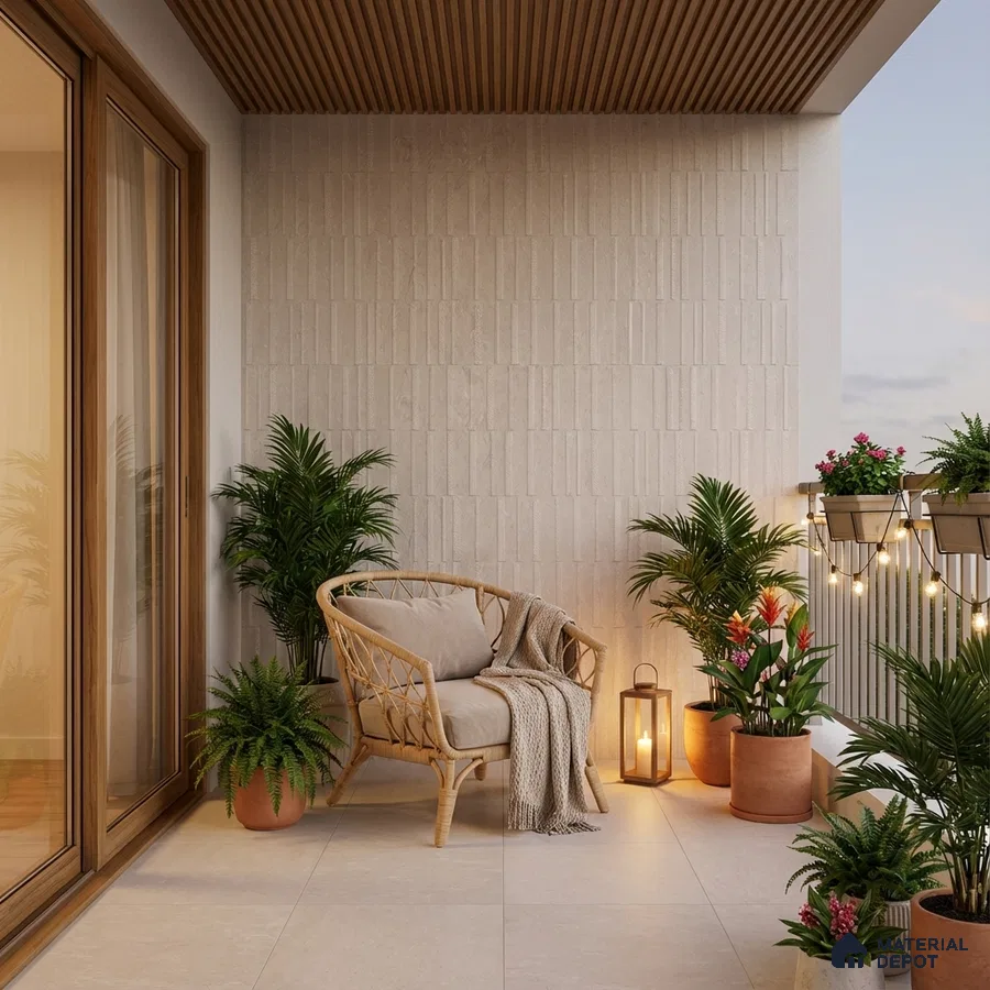 Scandinavian balcony with beige textured wall tile, wooden louver ceiling, and light beige floor tile
