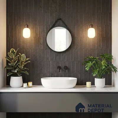 Minimalist bathroom with black textured wall tile and white marble countertop