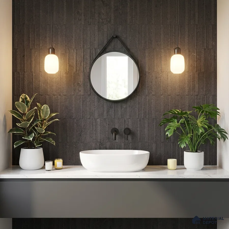 Minimalist bathroom with black textured wall tile and white marble countertop