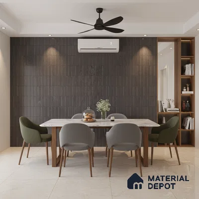 Modern dining room with dark fluted wall panels, marble top dining table, and beige marble floor tiles