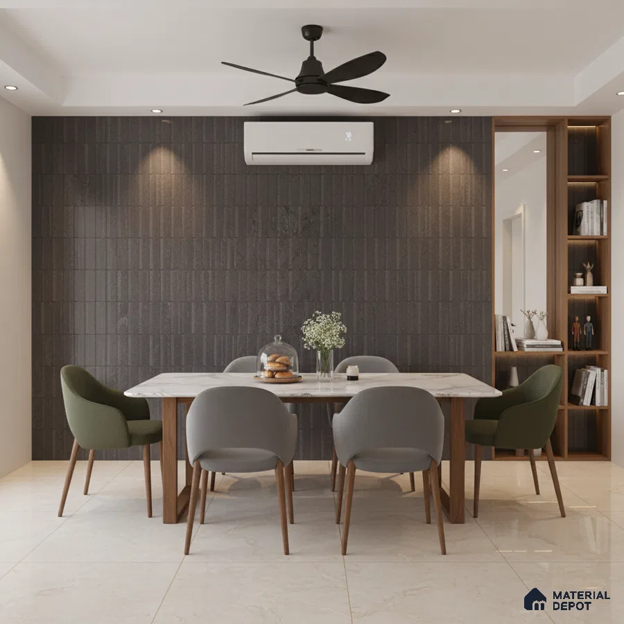 Modern dining room with dark fluted wall panels, marble top dining table, and beige marble floor tiles