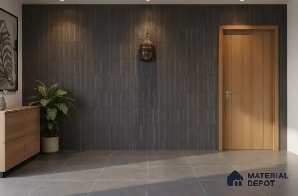 Minimalist foyer with charcoal grey textured wall tiles, light oak laminate door, and grey floor tiles