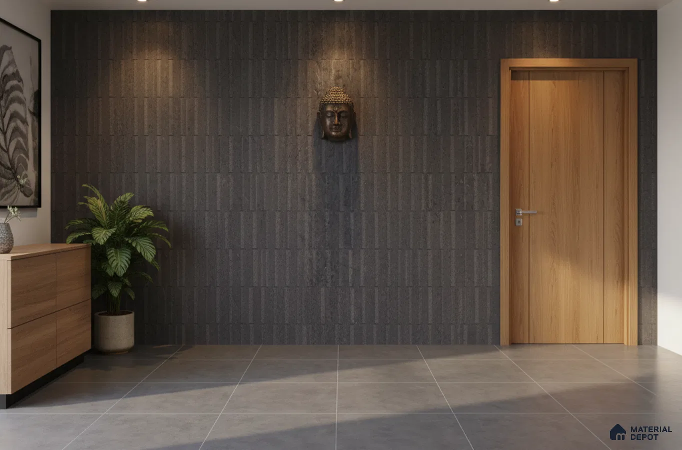 Minimalist foyer with charcoal grey textured wall tiles, light oak laminate door, and grey floor tiles