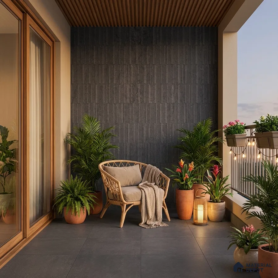Scandinavian balcony with charcoal stone wall tiles, wood slat ceiling, and grey floor tiles