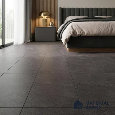 Industrial Bedroom with Charcoal Grey Matte Concrete-Look Floor Tile