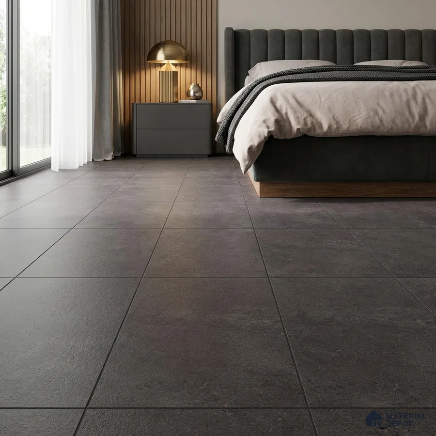 Industrial Bedroom with Charcoal Grey Matte Concrete-Look Floor Tile