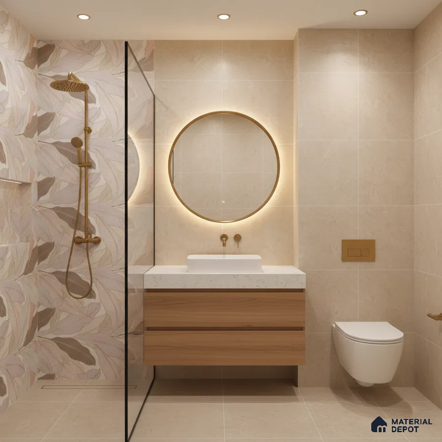 Modern bathroom with beige stone tiles, leaf-patterned highlighter wall tile, and wood vanity
