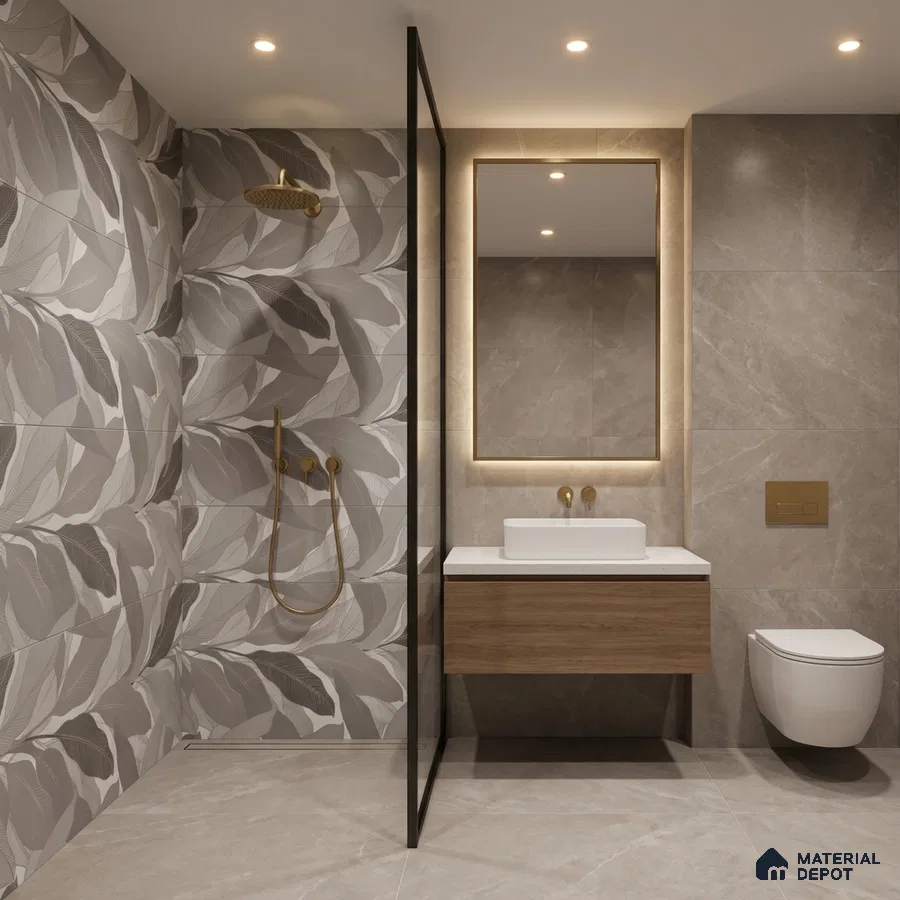 Modern bathroom with leaf-patterned wall tiles, beige marble-look tiles, and floating wood vanity