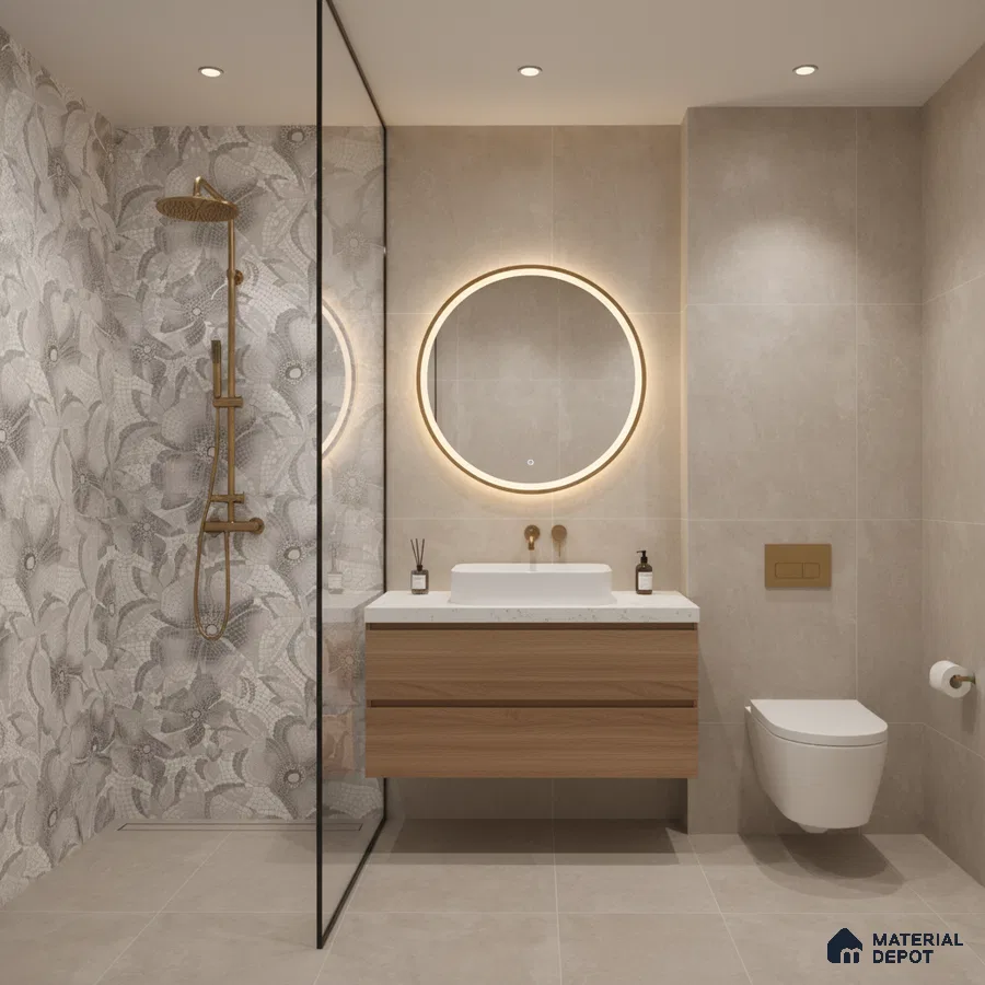 Modern bathroom with beige stone tiles, floral patterned highlighter wall tile, and floating wood vanity