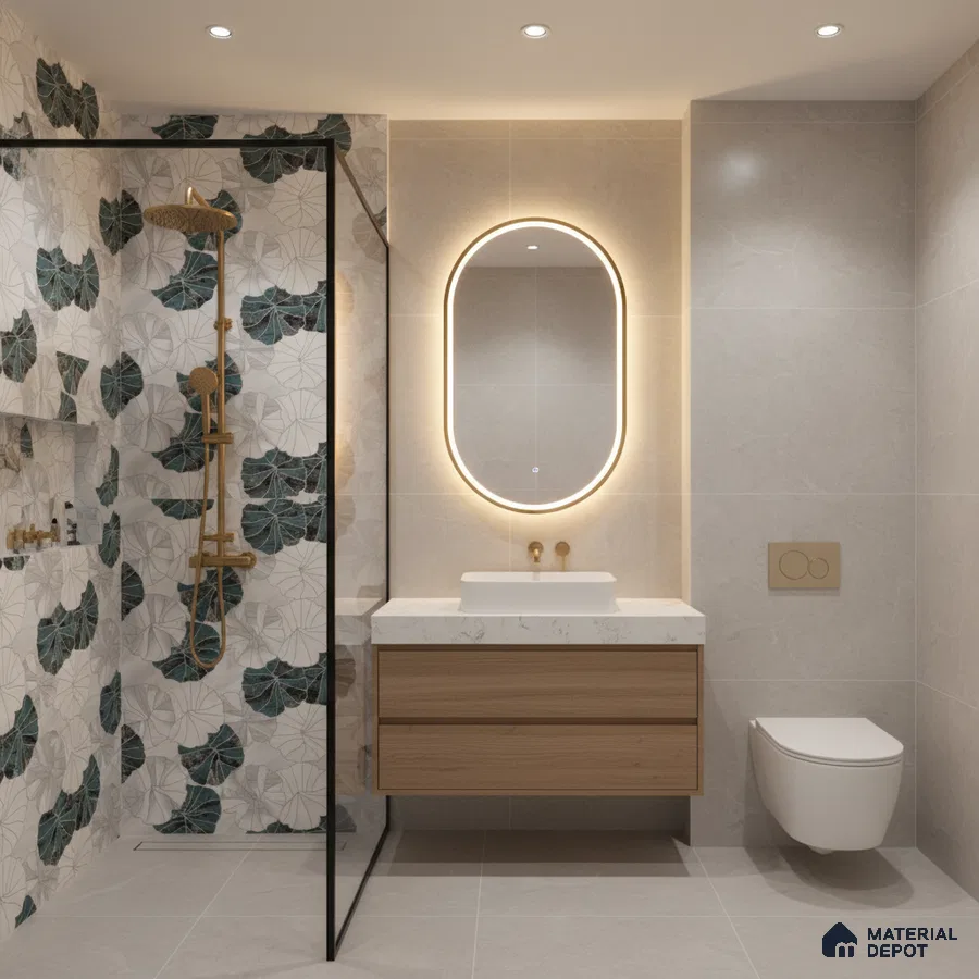 Modern bathroom with floral highlighter wall tiles, beige stone tiles, and wood vanity