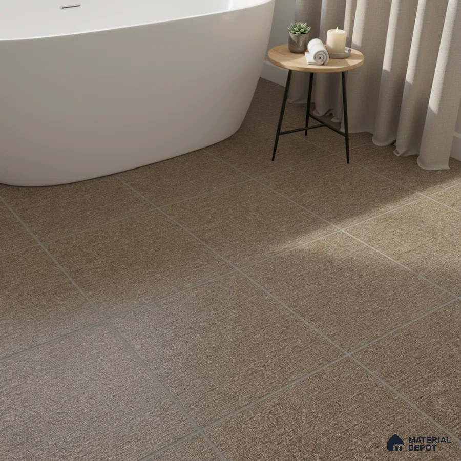 Minimalist bathroom with textured brown floor tiles and freestanding tub