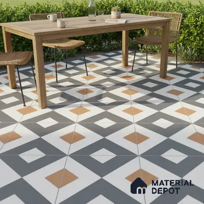Modern outdoor patio with geometric patterned floor tiles and natural wood dining set