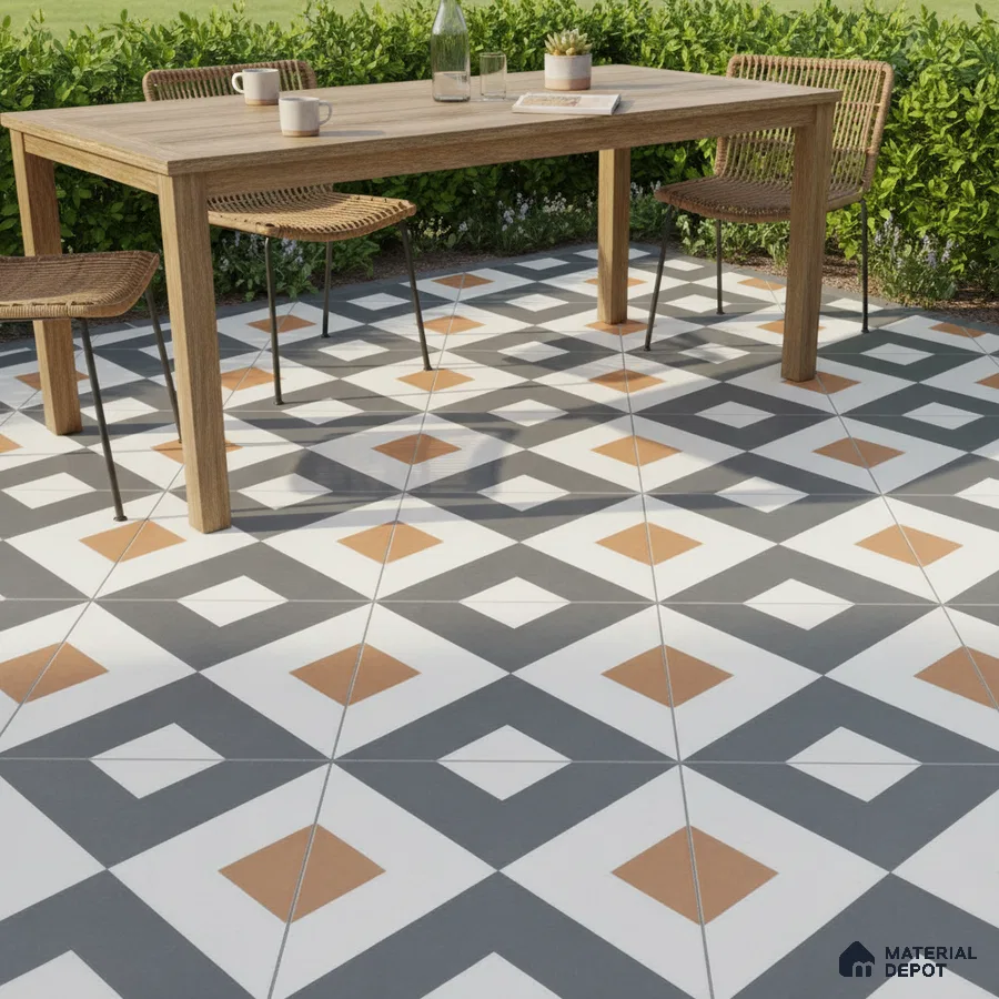 Modern outdoor patio with geometric patterned floor tiles and natural wood dining set