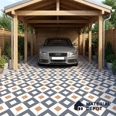 Modern parking with geometric patterned floor tiles and natural wood structure