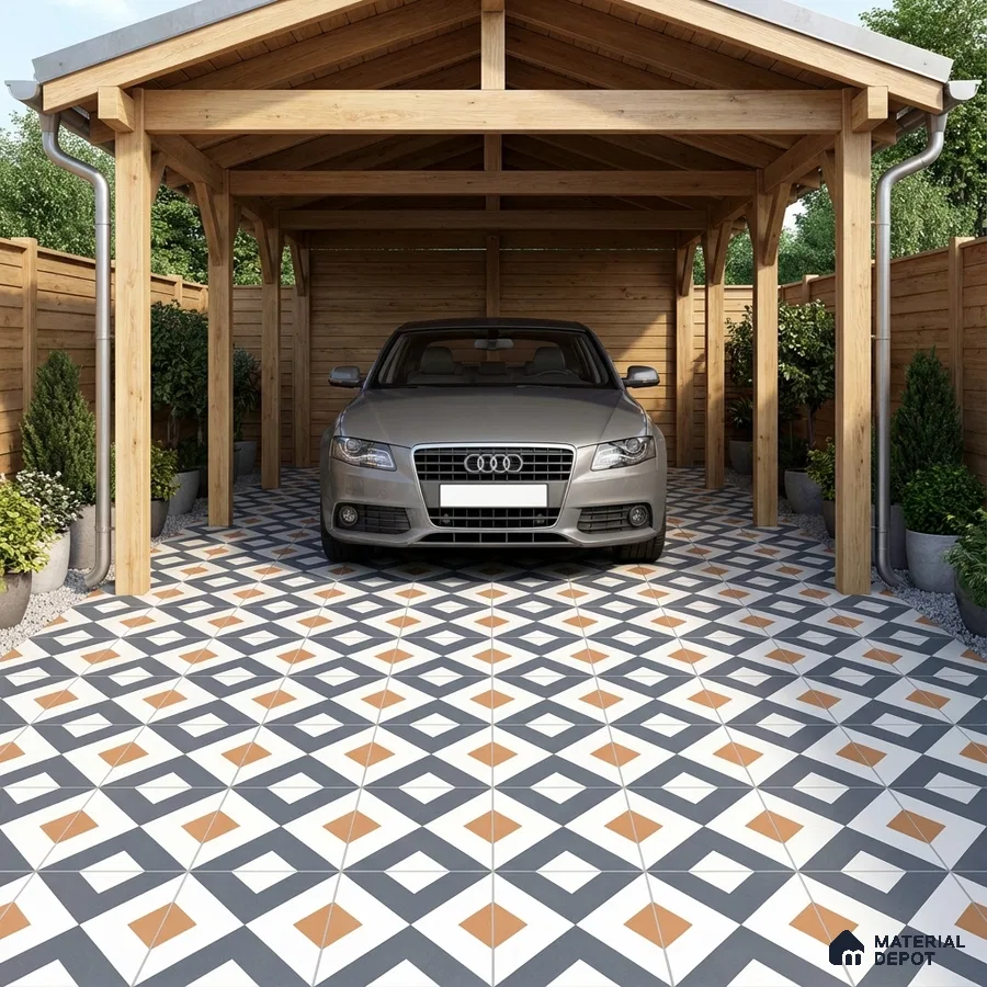 Modern parking with geometric patterned floor tiles and natural wood structure