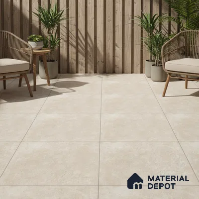 Scandinavian outdoor space with beige stone-look floor tiles and natural wood louver wall