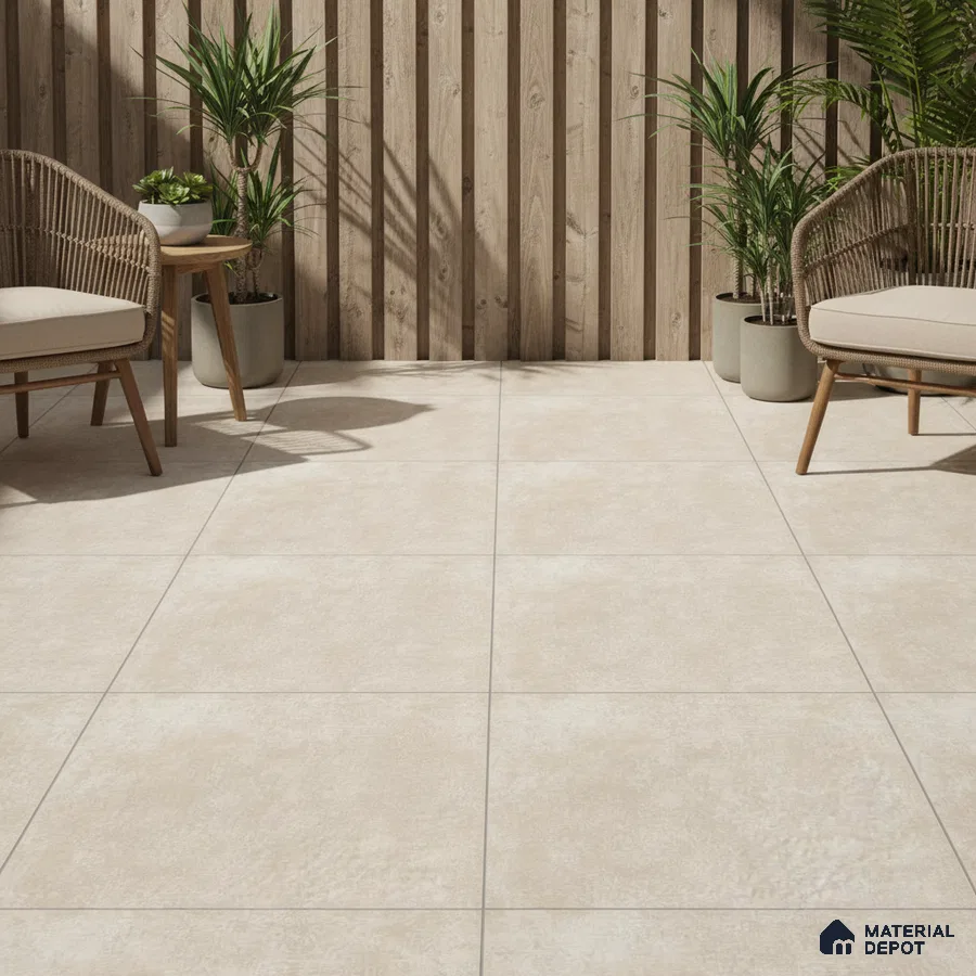 Scandinavian outdoor space with beige stone-look floor tiles and natural wood louver wall