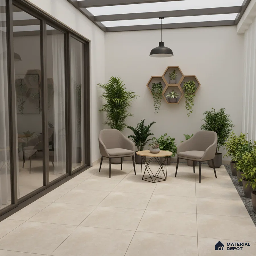 Minimalist balcony with beige floor tiles and modern planters