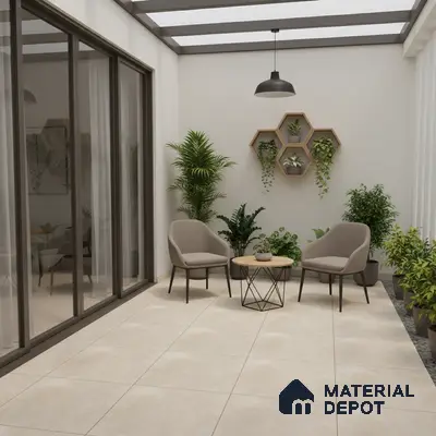 Minimalist balcony with beige floor tiles and modern planters