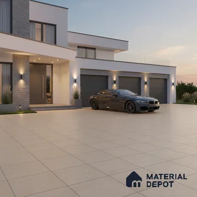Modern parking with beige outdoor floor tiles and stone cladding accent wall