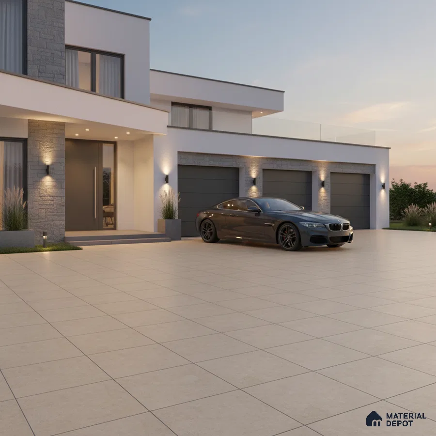 Modern parking with beige outdoor floor tiles and stone cladding accent wall