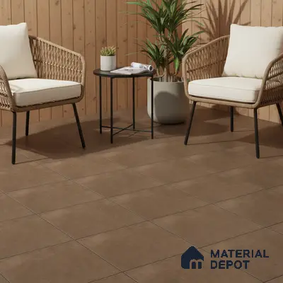 Scandinavian balcony with matte brown floor tiles and natural wood wall cladding