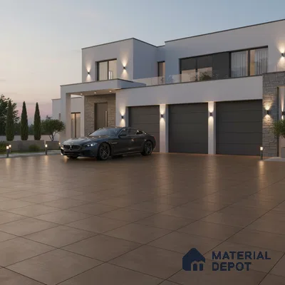 Modern parking with large format brown outdoor floor tiles and stone cladding accents