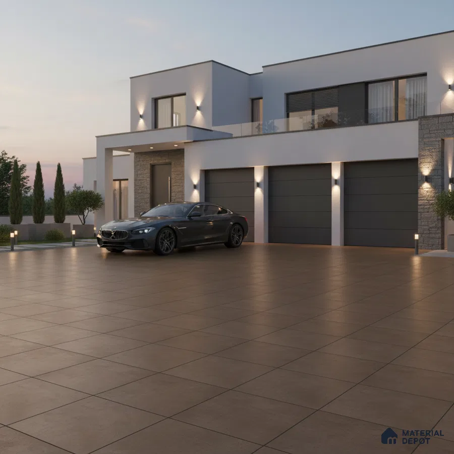 Modern parking with large format brown outdoor floor tiles and stone cladding accents