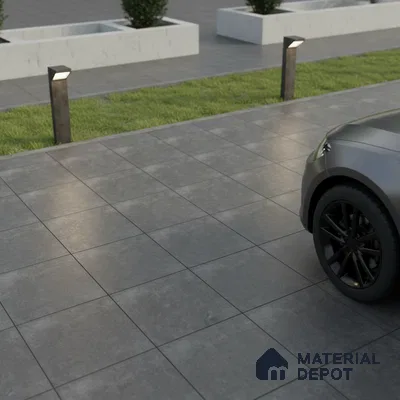 Modern parking area with large format grey stone-look matte floor tiles