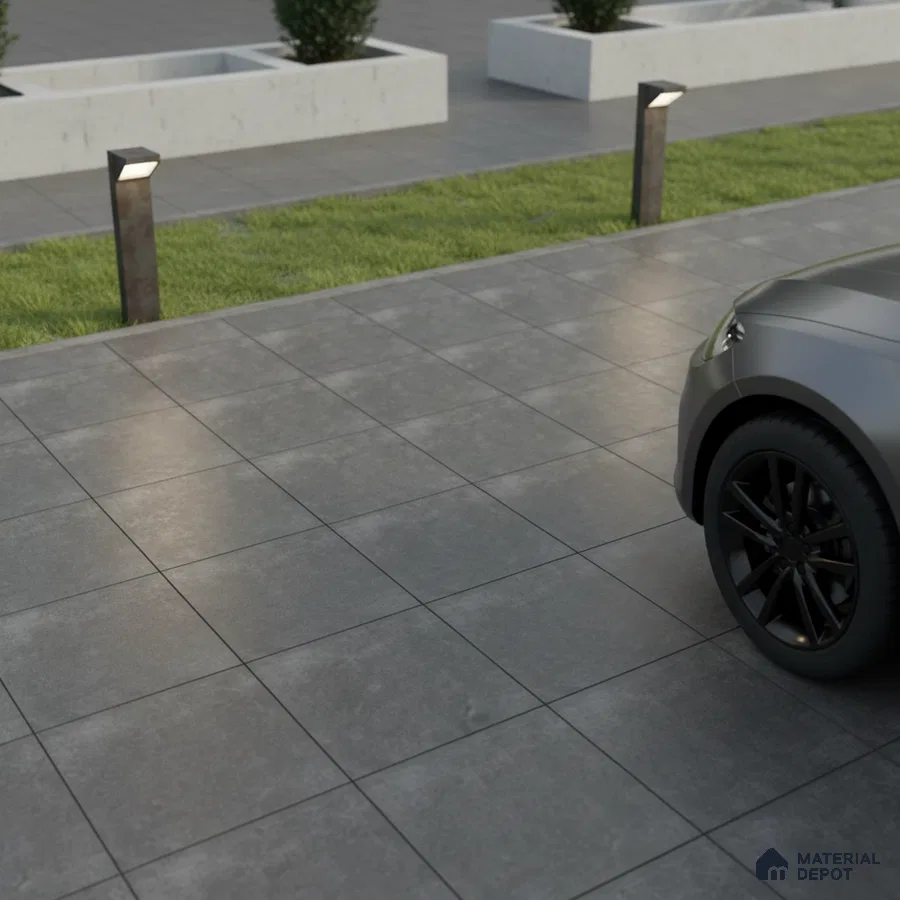 Modern parking area with large format grey stone-look matte floor tiles