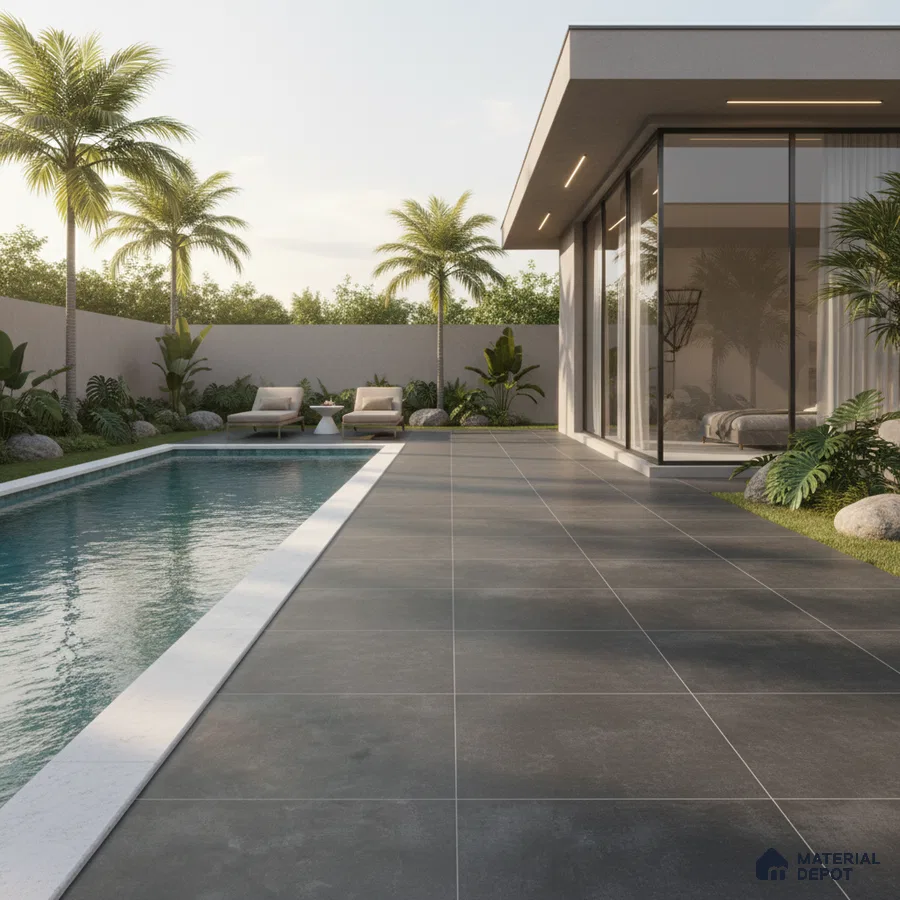 Modern outdoor poolside with large format grey stone tiles and minimalist landscaping