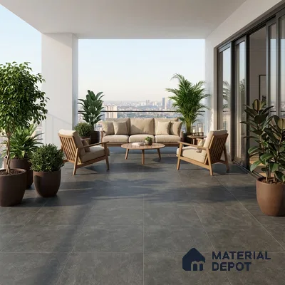 Scandinavian balcony with grey stone floor tiles and natural wood outdoor furniture
