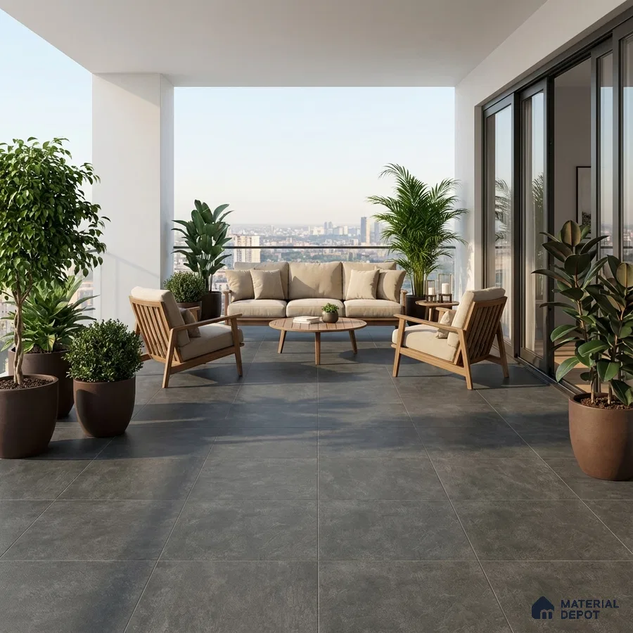 Scandinavian balcony with grey stone floor tiles and natural wood outdoor furniture