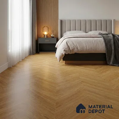Scandinavian Bedroom with Golden Oak Wood-Look Floor Tile in Herringbone