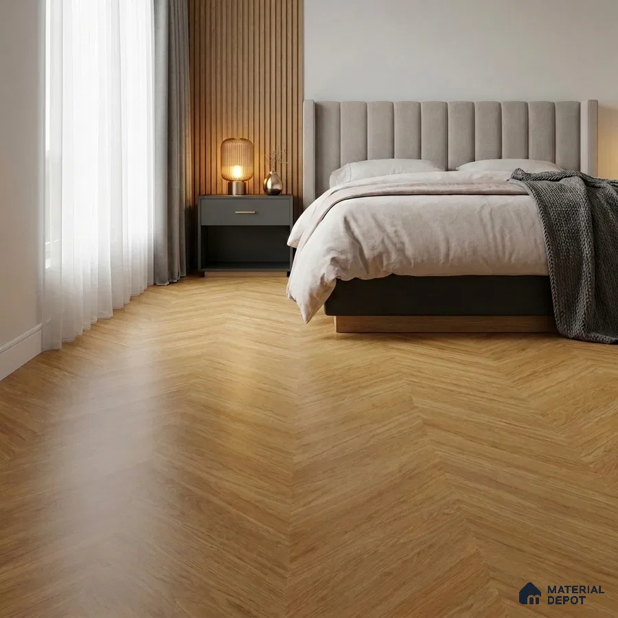 Scandinavian Bedroom with Golden Oak Wood-Look Floor Tile in Herringbone