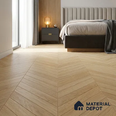 Scandinavian Bedroom with Light Pinewood-Look Floor Tile in Chevron