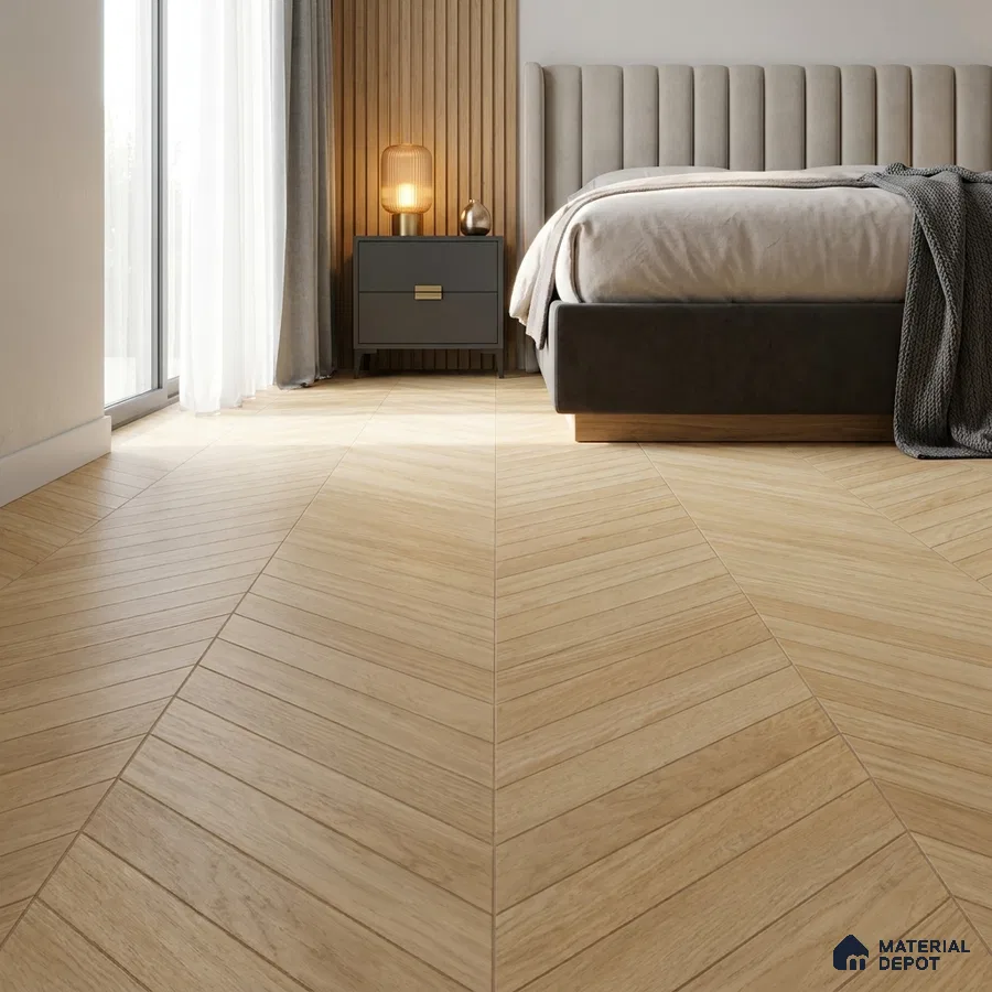 Scandinavian Bedroom with Light Pinewood-Look Floor Tile in Chevron
