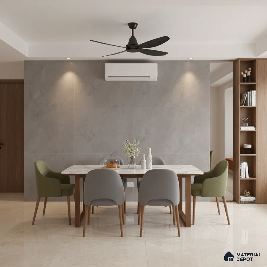 Modern dining room with grey stone wall tiles, marble dining table, and beige marble floor tiles