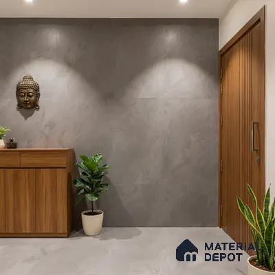 Minimalist foyer with grey stone-look tiles, walnut wood laminate console, and vertical wood louver door