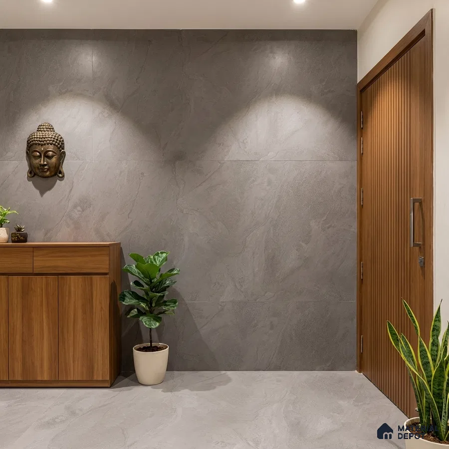 Minimalist foyer with grey stone-look tiles, walnut wood laminate console, and vertical wood louver door