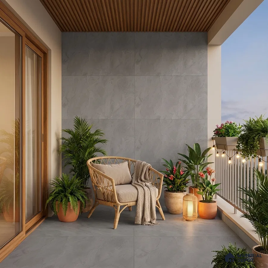 Scandinavian balcony with grey stone-look tiles and wooden ceiling louvers