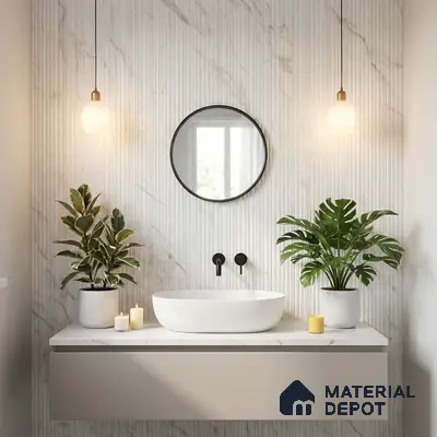 Minimalist bathroom with white fluted marble wall tiles and matte beige floating vanity