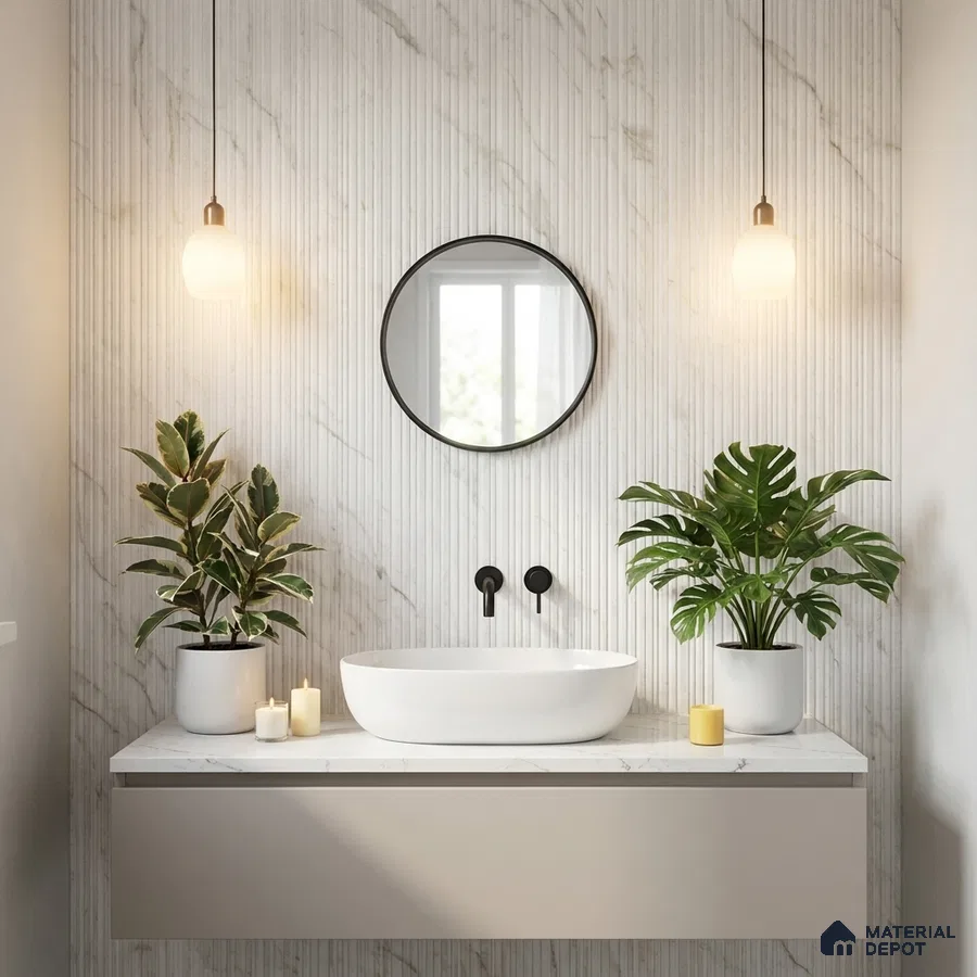 Minimalist bathroom with white fluted marble wall tiles and matte beige floating vanity