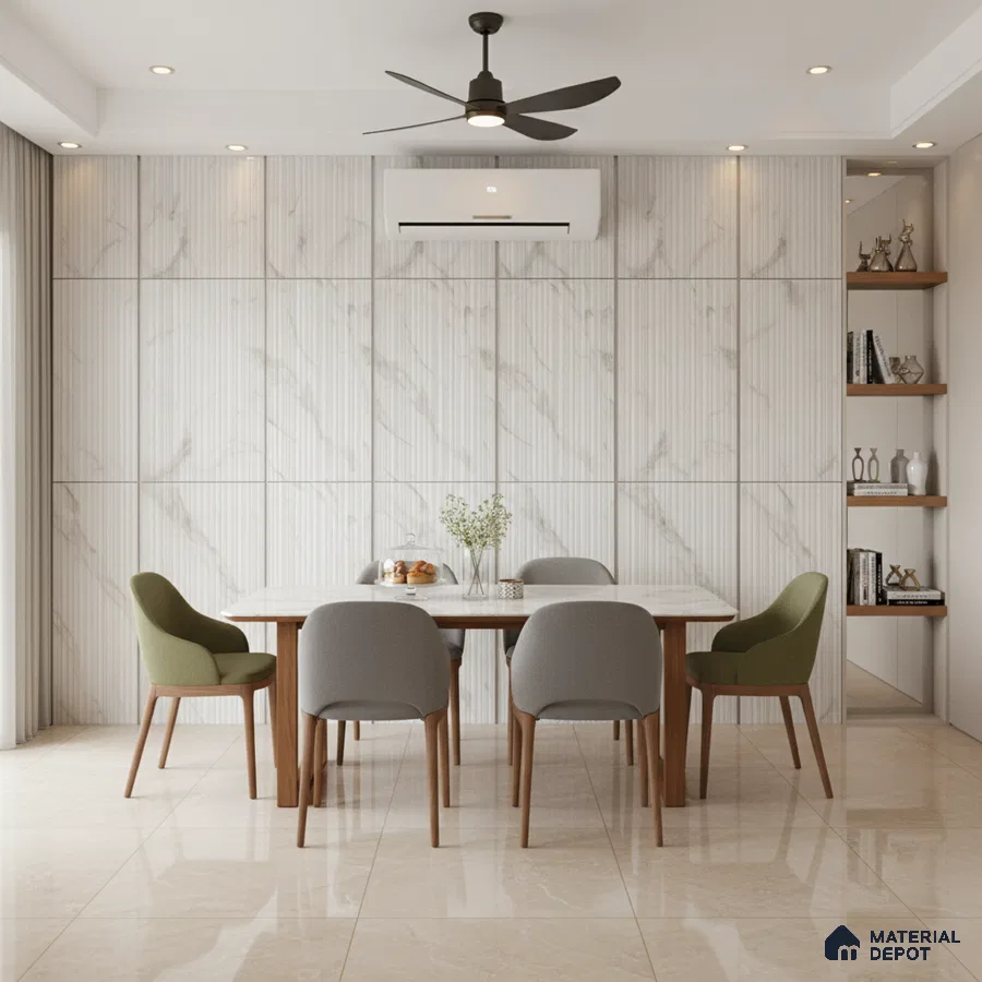 Modern dining room with marble-look fluted wall tiles and beige marble floor tiles