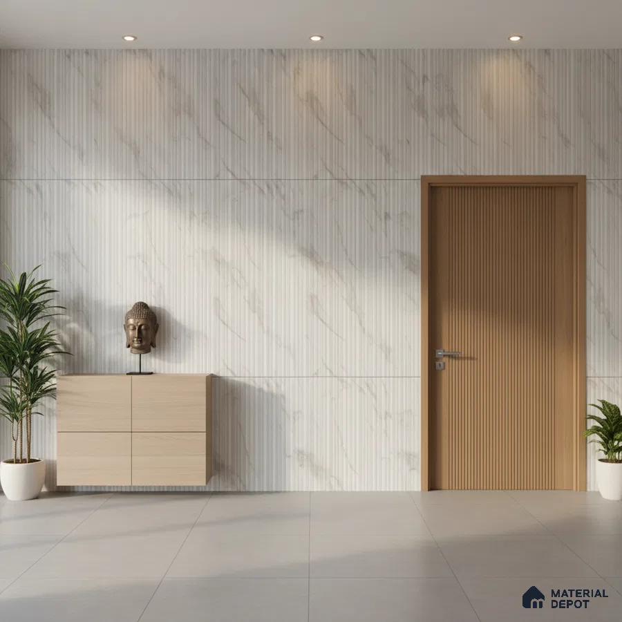 Minimalist foyer with marble-look fluted wall panels and light oak laminate console