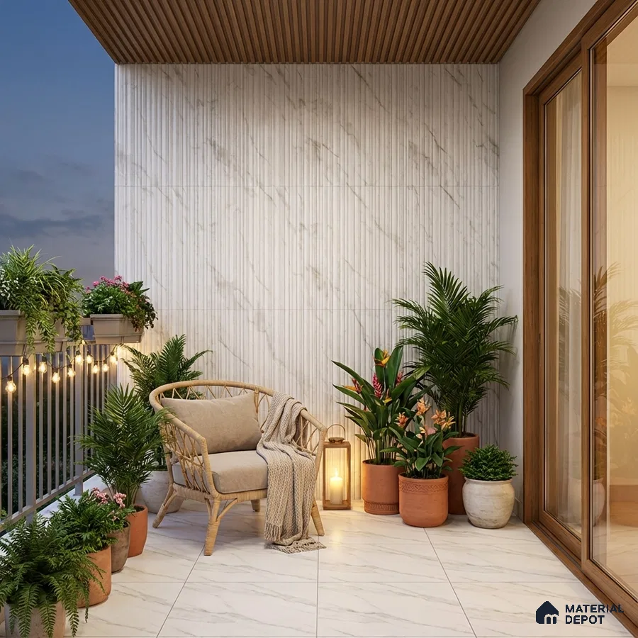 Scandinavian balcony with marble-look floor tiles and fluted marble wall tiles