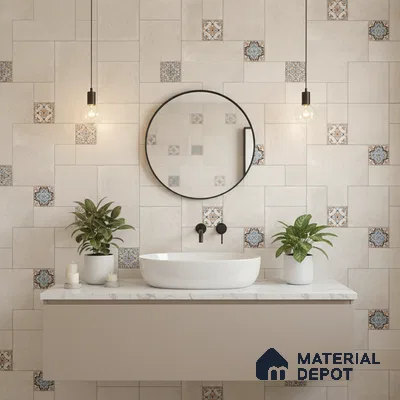 Modern bathroom with beige wall tiles, blue patterned moroccan accent tiles, and white marble countertop