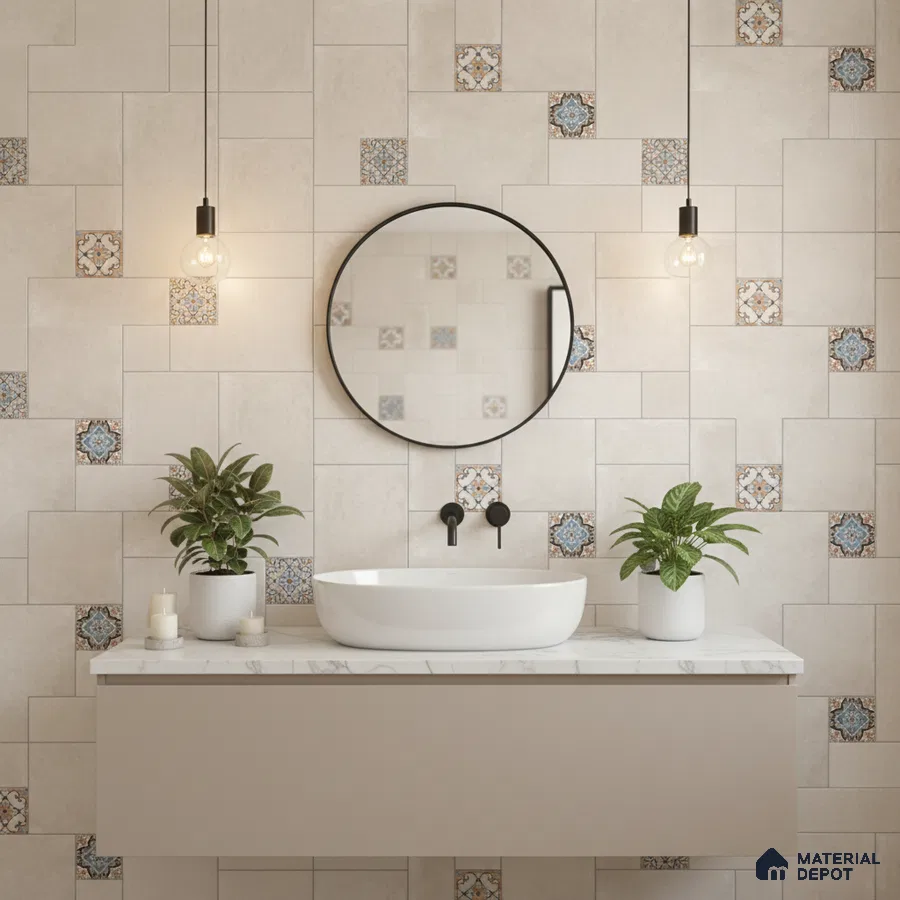 Modern bathroom with beige wall tiles, blue patterned moroccan accent tiles, and white marble countertop