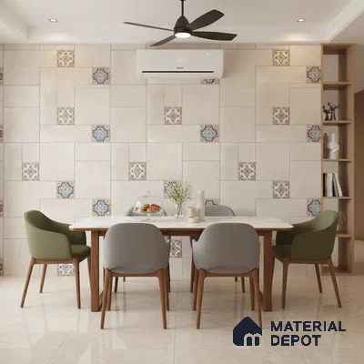 Modern dining room with beige marble floor tiles and patterned accent wall tiles