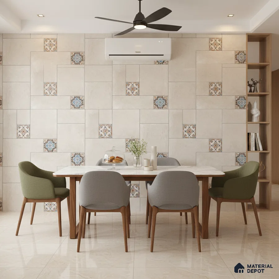 Modern dining room with beige marble floor tiles and patterned accent wall tiles